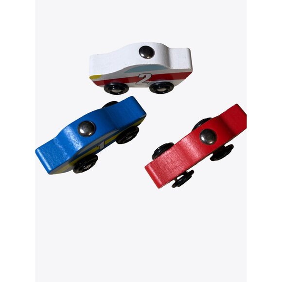 Wooden Race Car Toys Set Of 3 - Red Blue & White – Numbered 1 2 3 - Picture 9 of 11